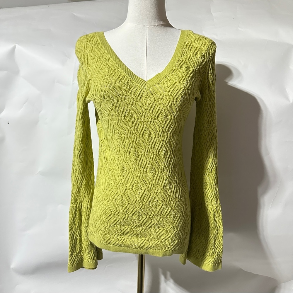 👉 Talbots Petites Pima Cotton Textured V-Neck Sweater Lime Green Long Sleeve